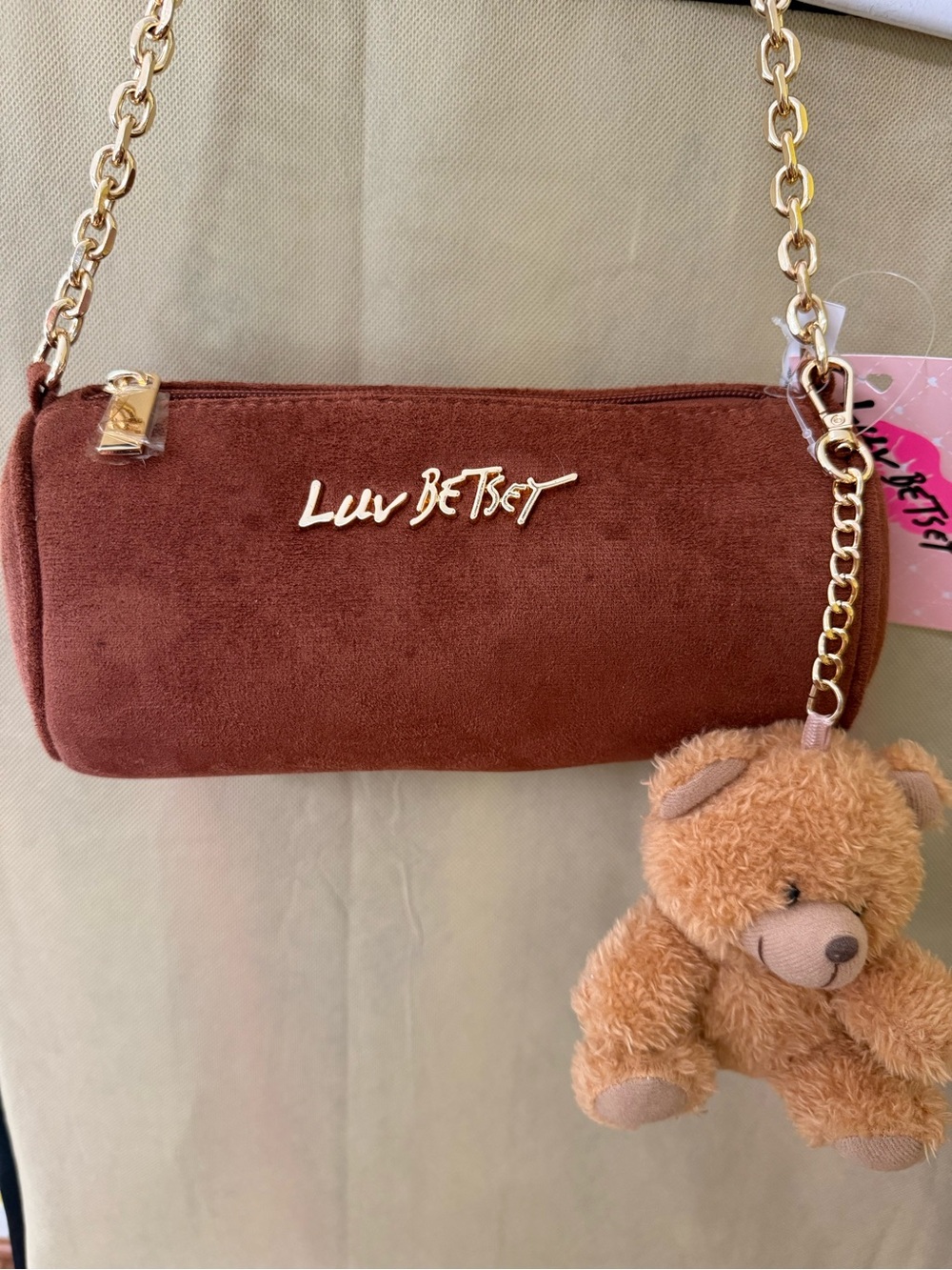 Luv Betsey LBREVEL Brown Barrel Bag Teddy Bear Charm Purse